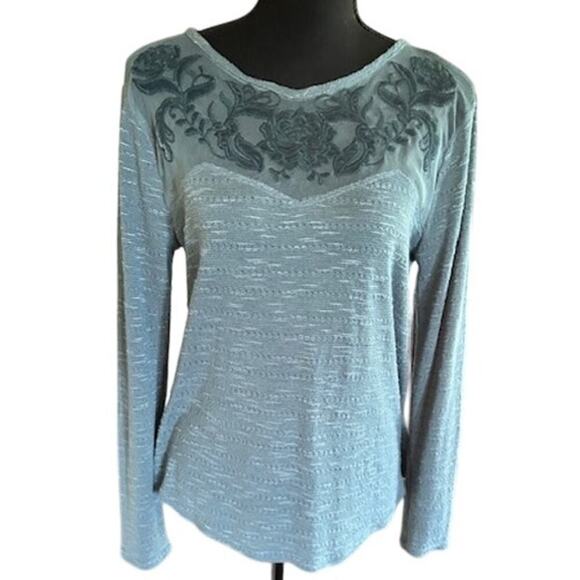 Teal Knit Top with Embroidered Mesh Yoke – No Size Tag (See Measurements) - Picture 1 of 6